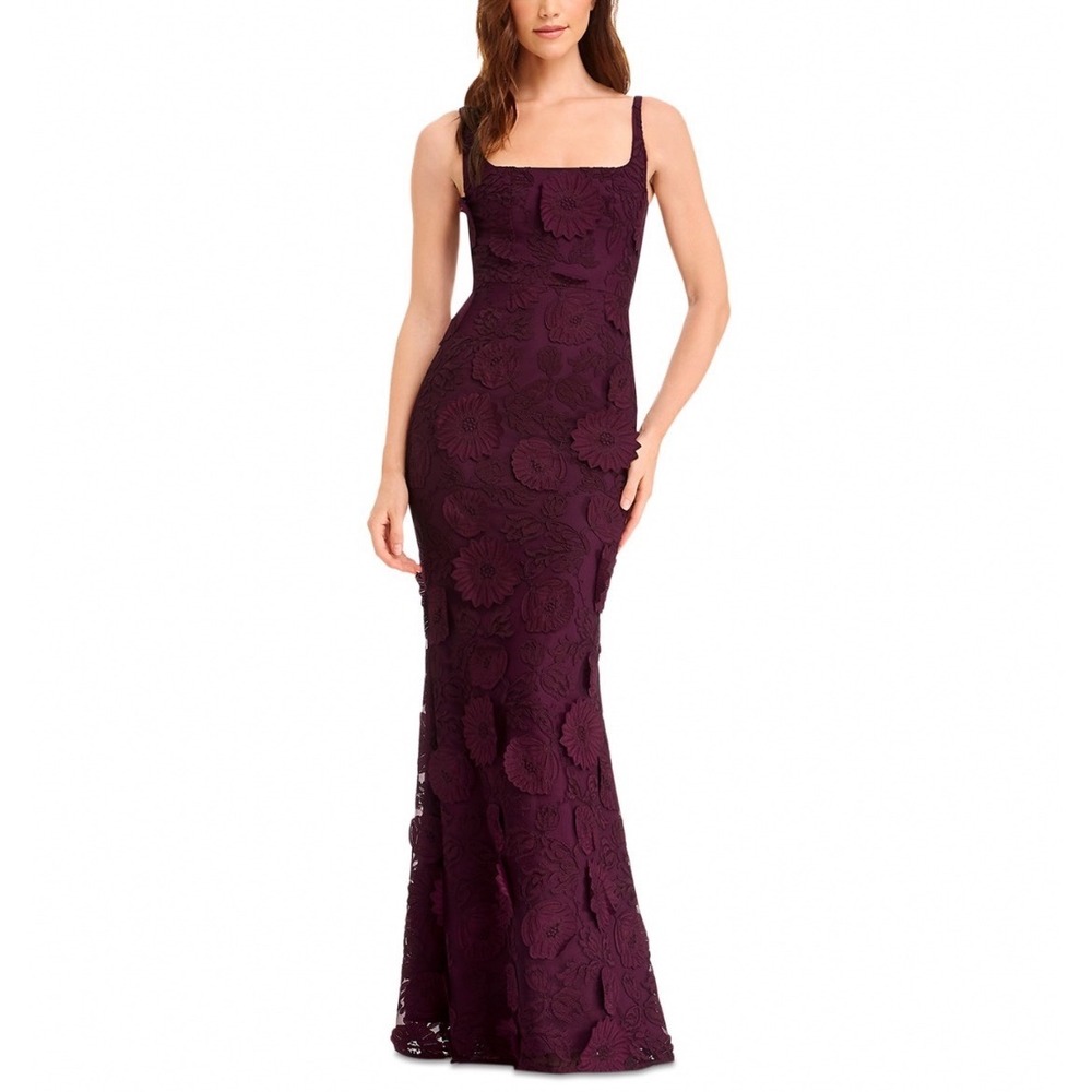 Dress the Population Lorena Applique Gown Dark Cherry Purple Floral Maxi Dress S